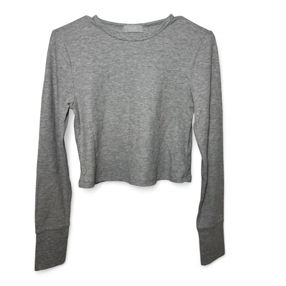 Nuuds Womens Waffle Knit Long Sleeve Cropped Top Heather Gray Medium